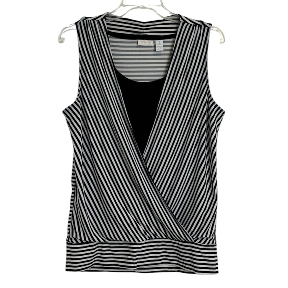 Chico’s Size 1 Medium Black and White Striped Sleeveless Surplice Top Size M🔥 - Picture 1 of 7